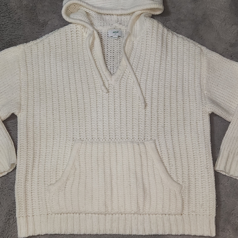 Aerie Cream V-Neck Knit Sweater with Hood